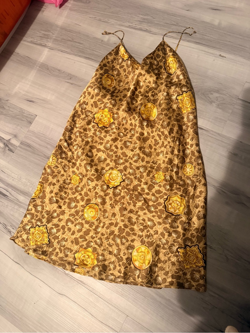 Vintage Victoria's Secret Gold and Brown Floral-Print Midi Slip Dress 100% silk
